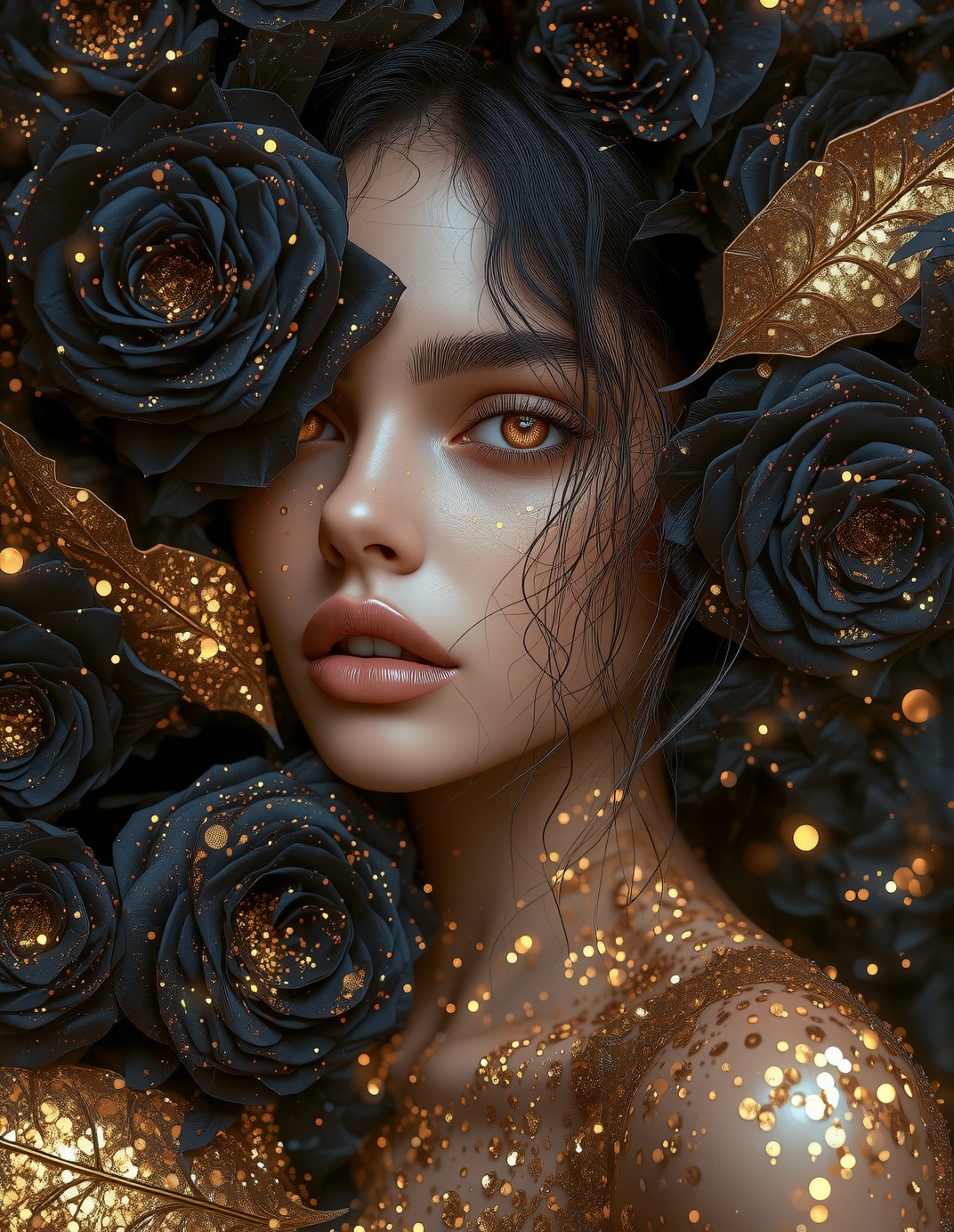 Enigmatic Beauty with Golden Roses — AI generated image