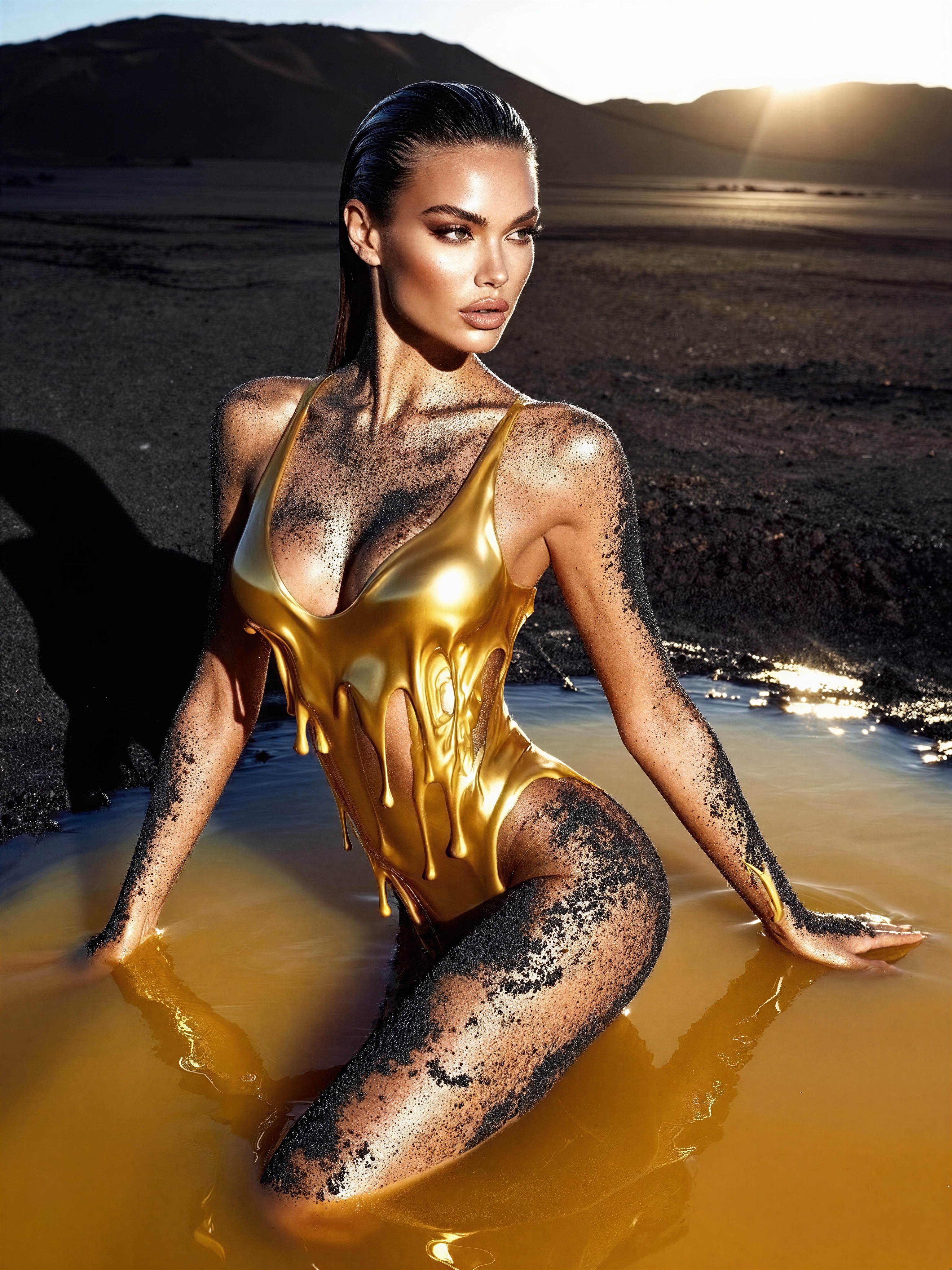 Surreal Fashion in Liquid Gold Desert — AI generated image