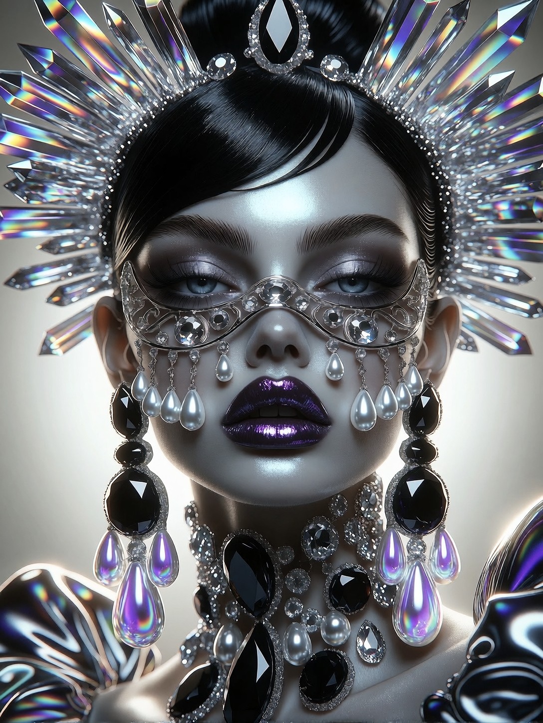 Gothic Maiden In Chrome Mask And Neon Halo — AI generated image