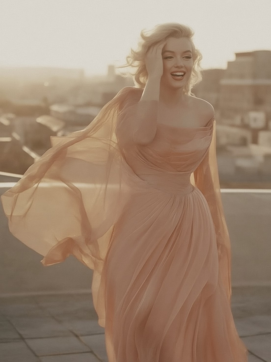 Blush Gown Rooftop Glamour — AI generated image