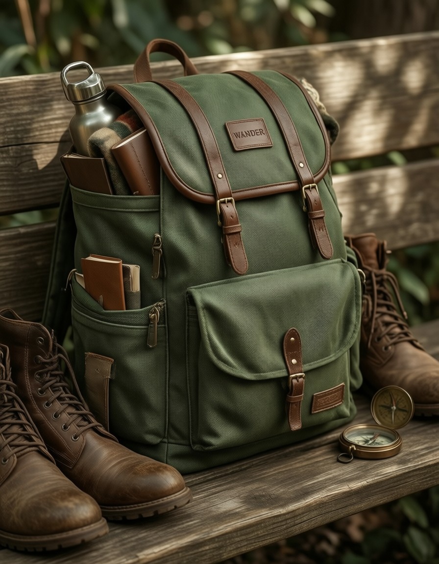 Heritage Backpack on Rustic Bench — AI generated image