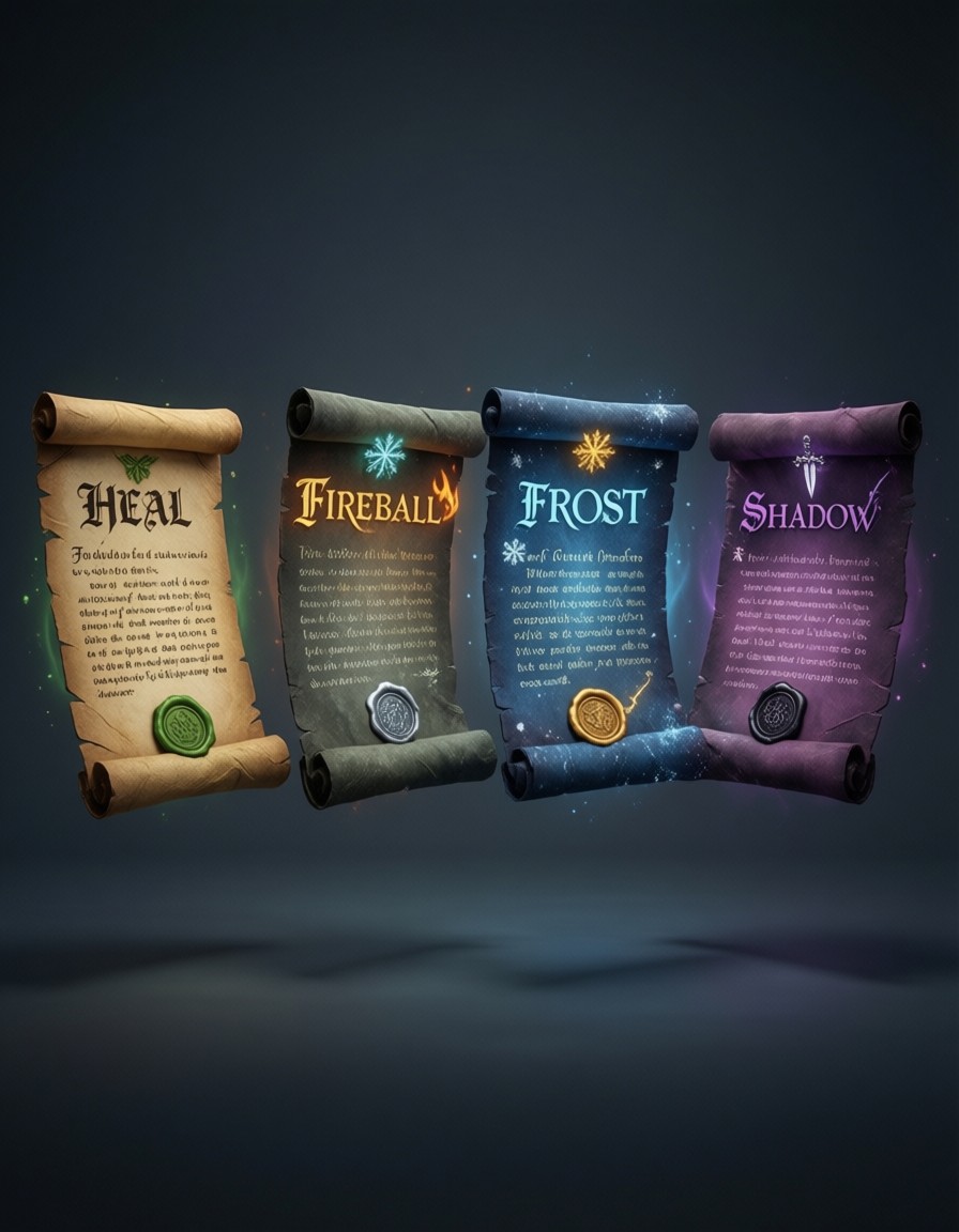 Fantasy Scrolls with Elemental Glows — AI generated image