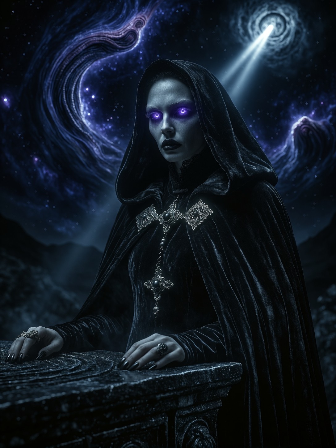 Pale Priestess at Obsidian Altar — AI generated image