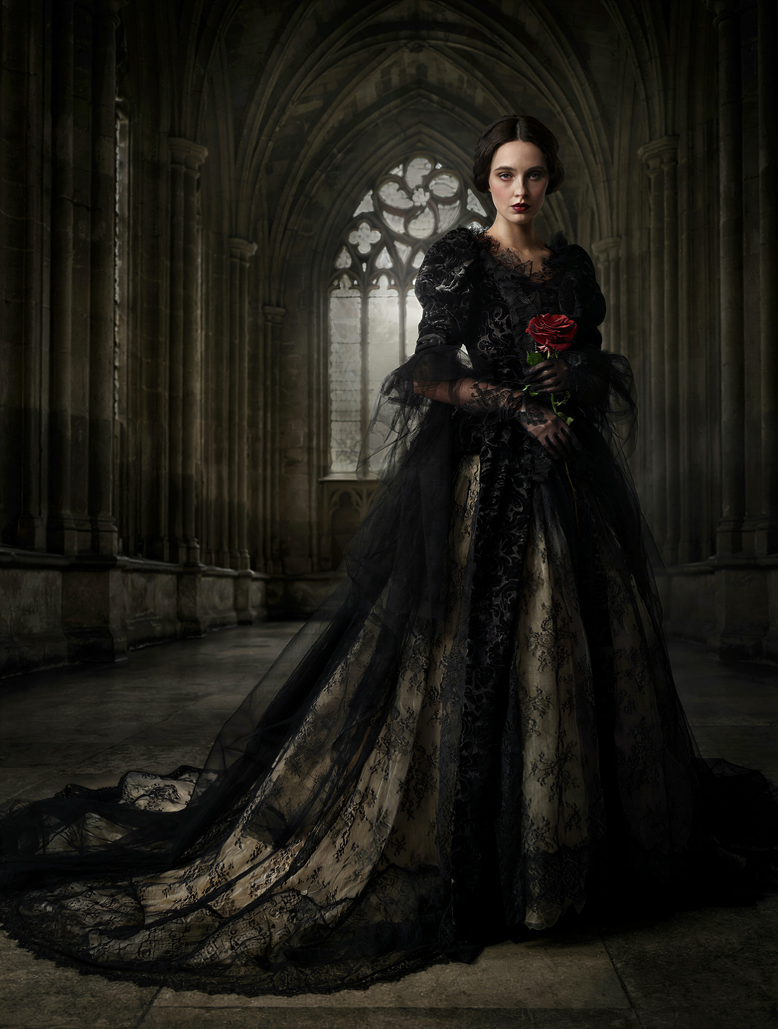 Enigmatic Woman in Gothic Cathedral — AI generated image