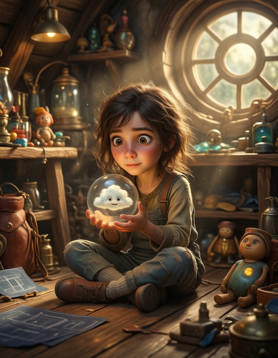 Curious Girl with Glowing Orb in Attic Workshop — AI generated image