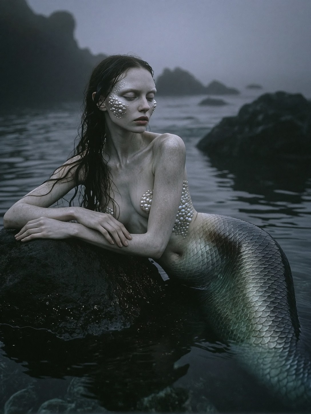 Ethereal Mermaid in Twilight Coastal Bay — AI generated image
