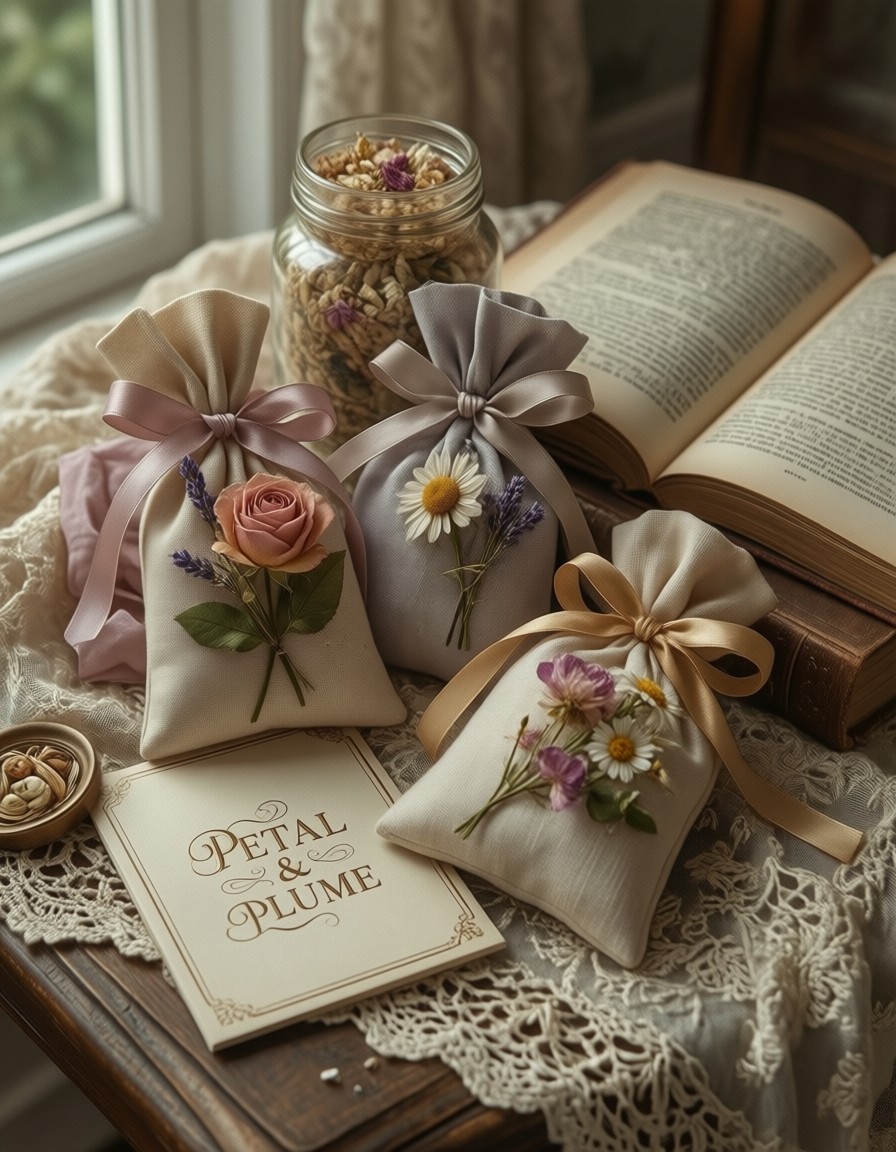 Luxurious Linen Sachets on Vintage Lace — AI generated image
