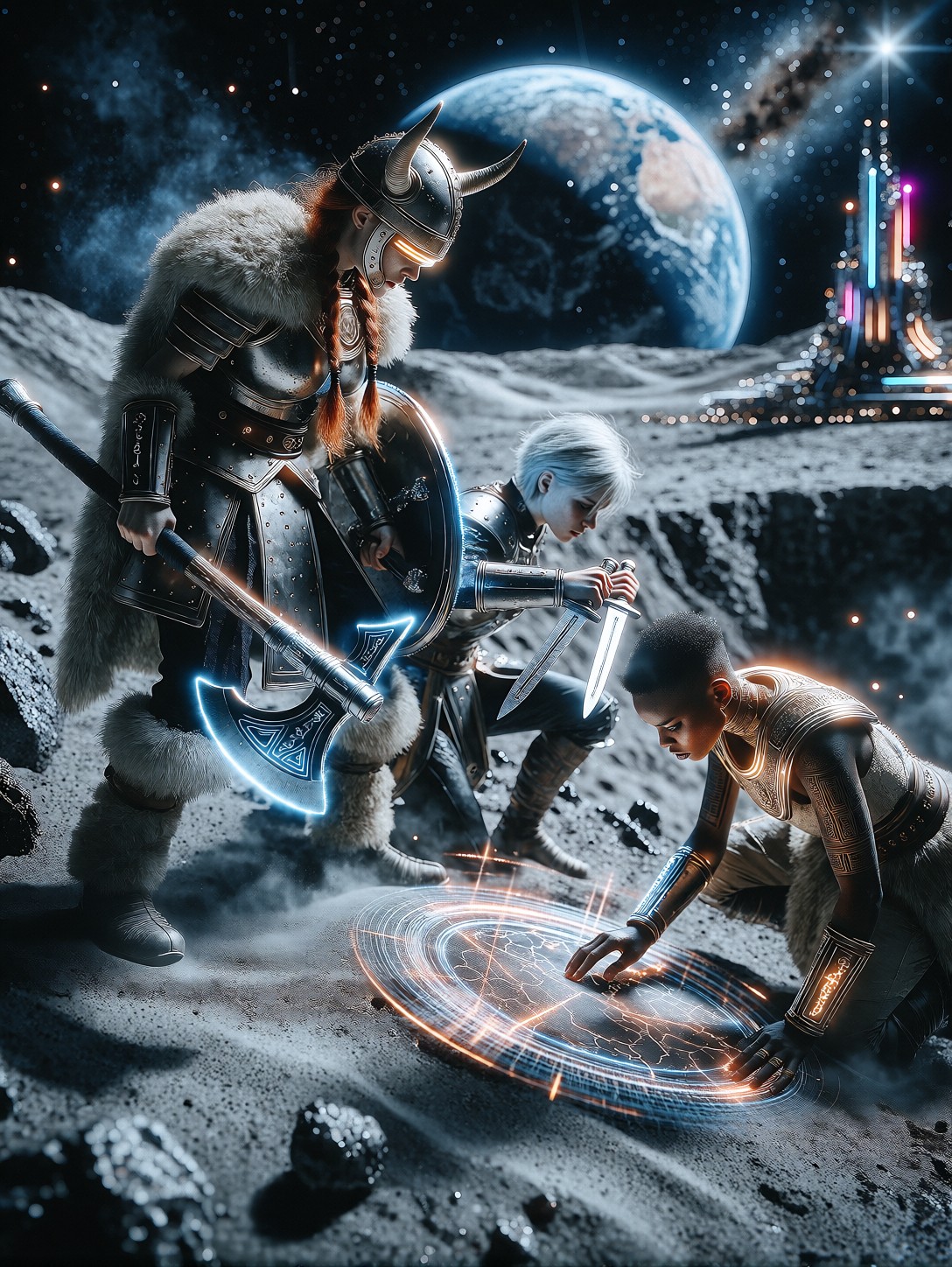 Cinematic Shieldmaidens Overlooking Neon Lunar City — AI generated image