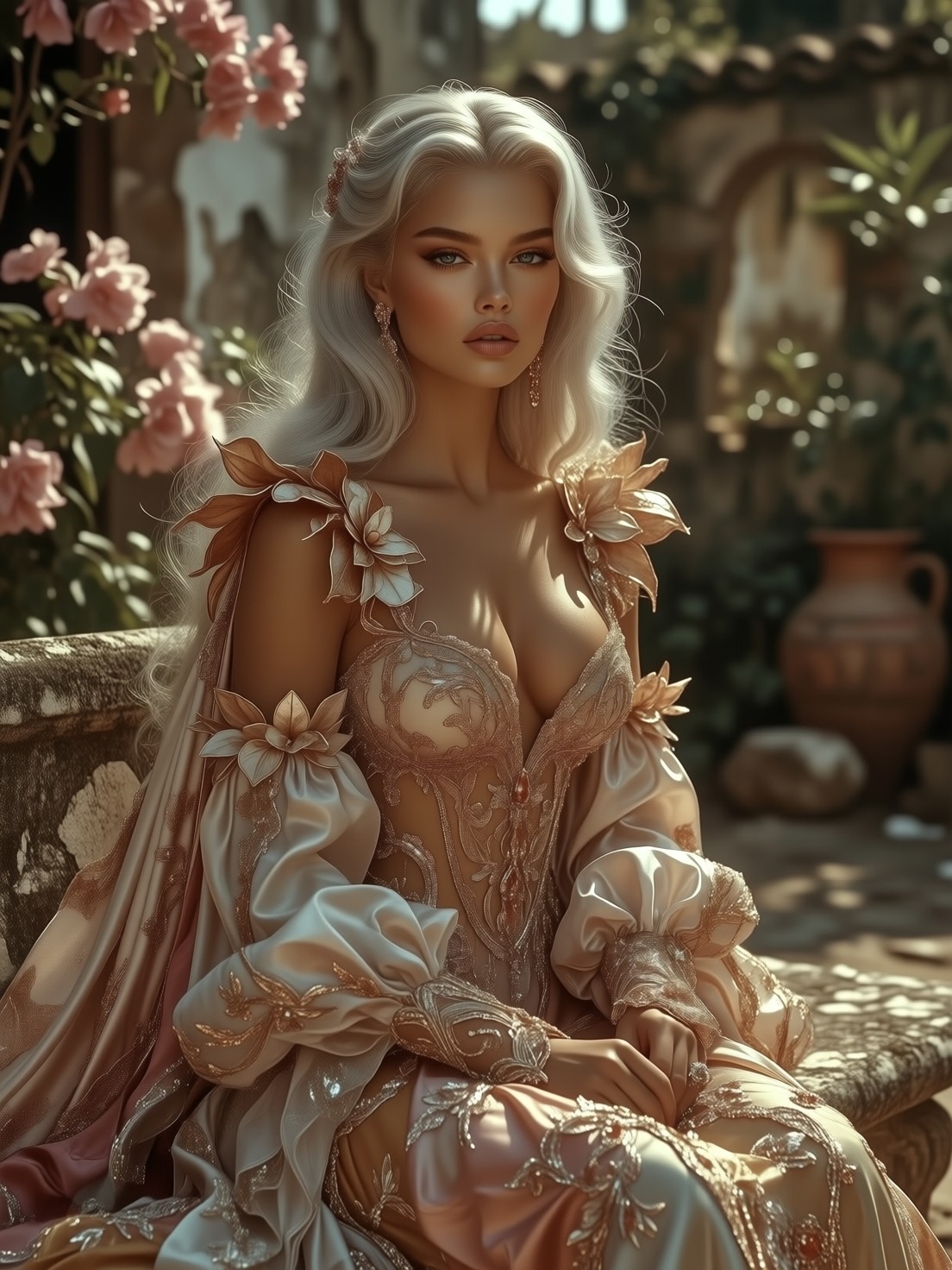 Platinum-Haired Woman in Mediterranean Courtyard — AI generated image