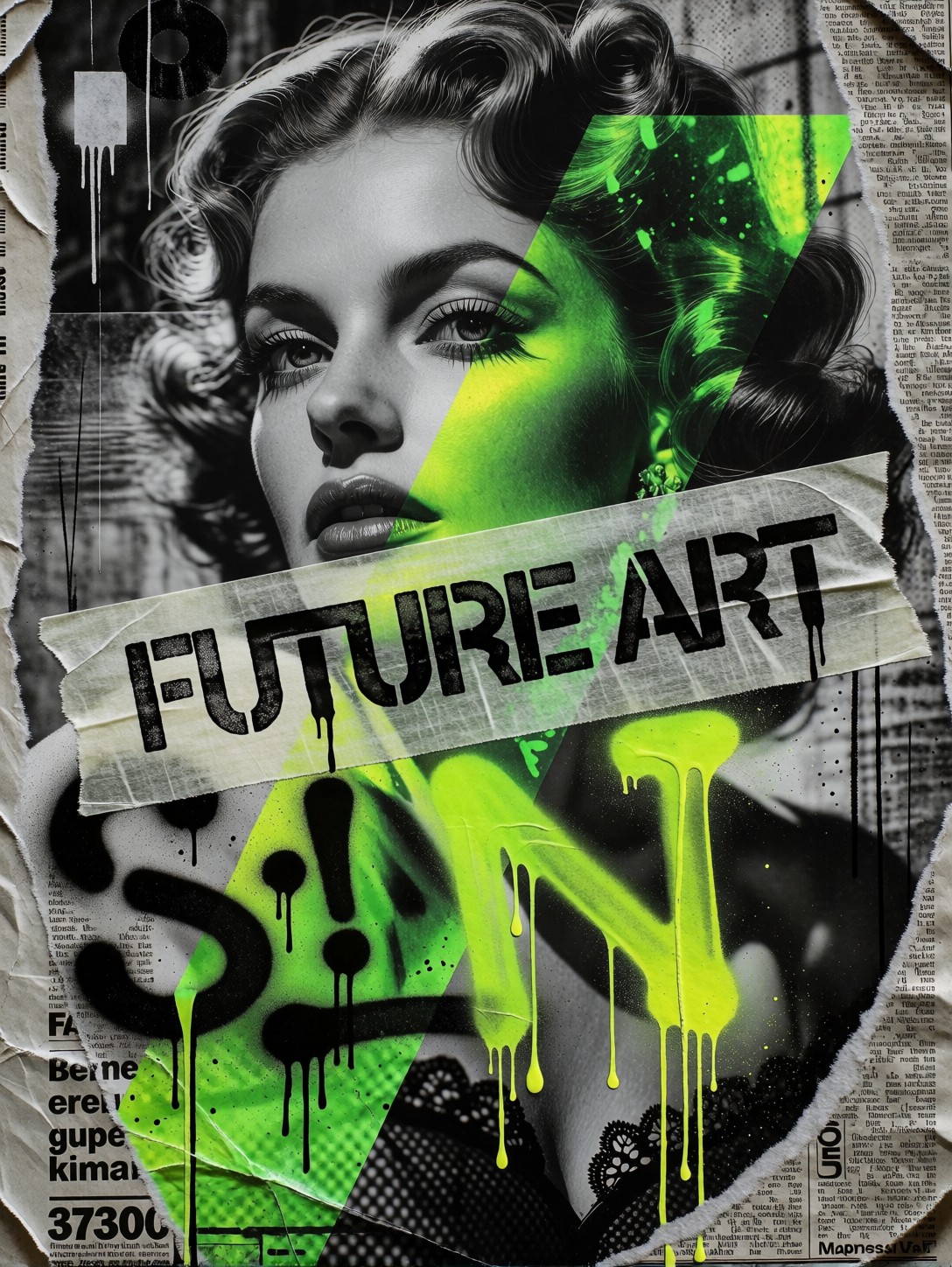 Vintage Portrait with Neon Geometric Collage — AI generated image