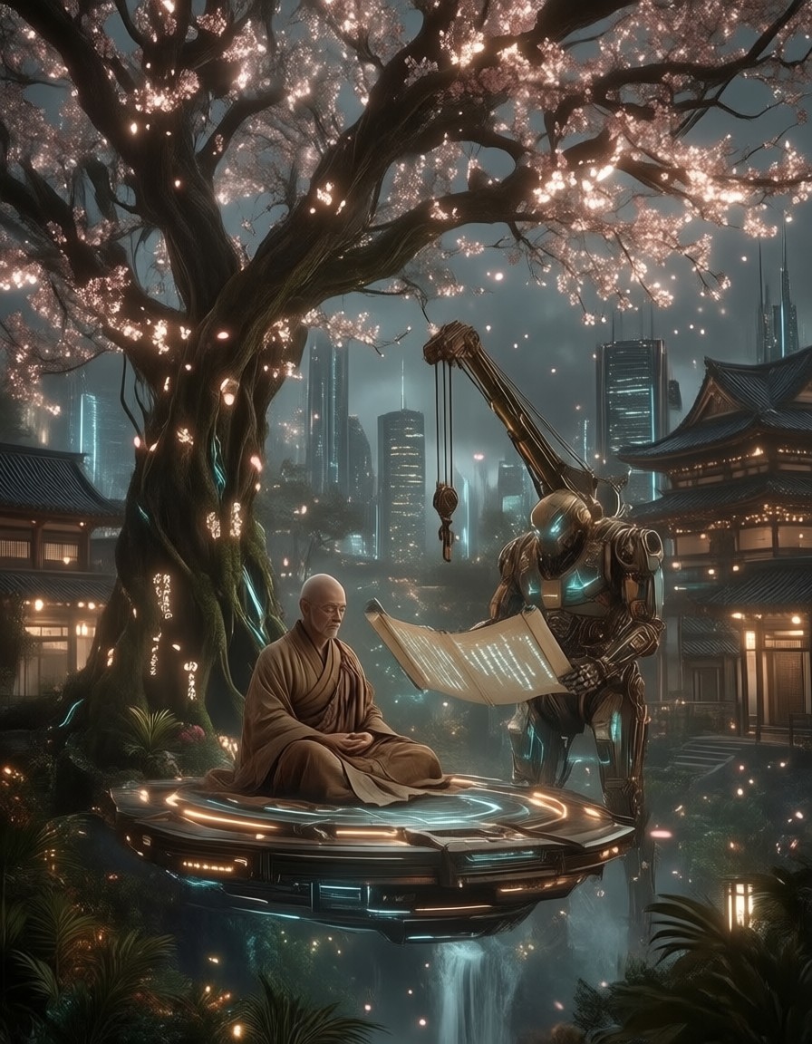 Zen Monk in Cyberpunk Cherry Blossom Grove — AI generated image