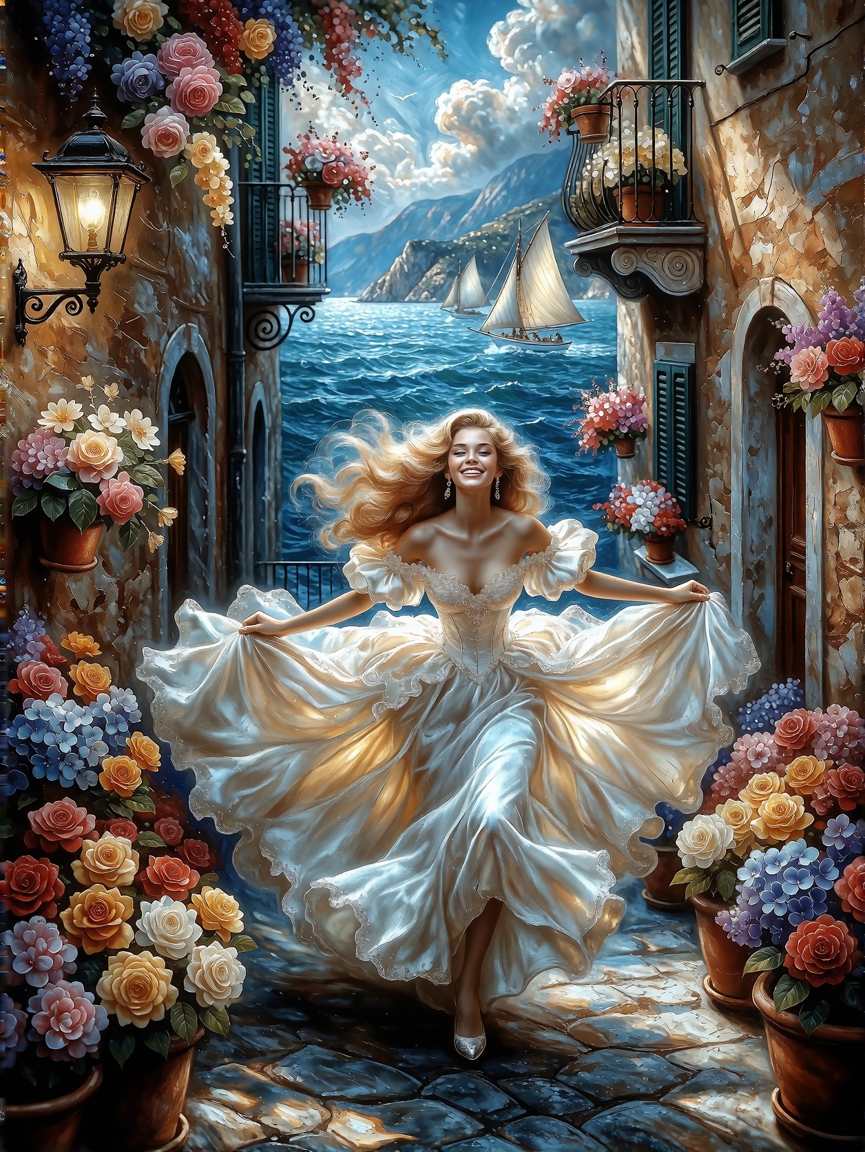 Happy Girl Running in White Dress, Italian Street, Flowers, Sea — AI generated image