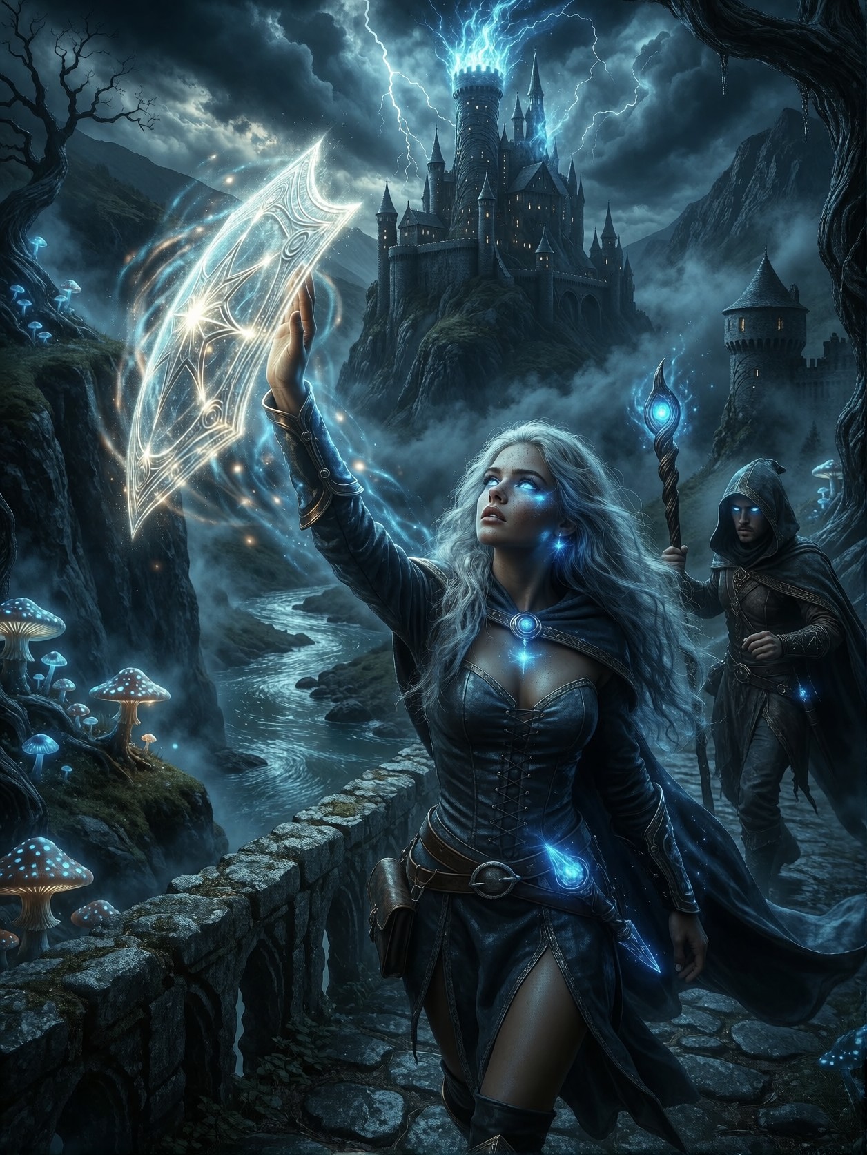 Mage Summons Light Shield on Bridge — AI generated image