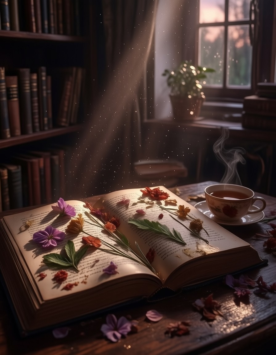 Twilight Library Corner Nostalgic Quiet — AI generated image