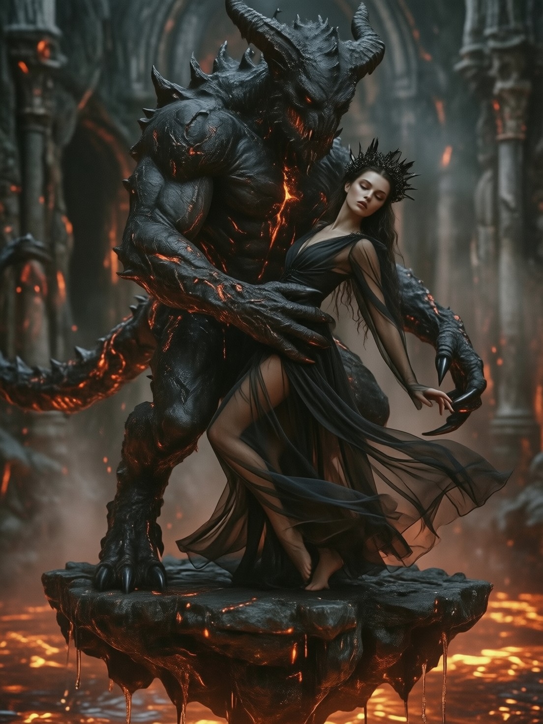 Graceful Woman with Demon in Lava — AI generated image