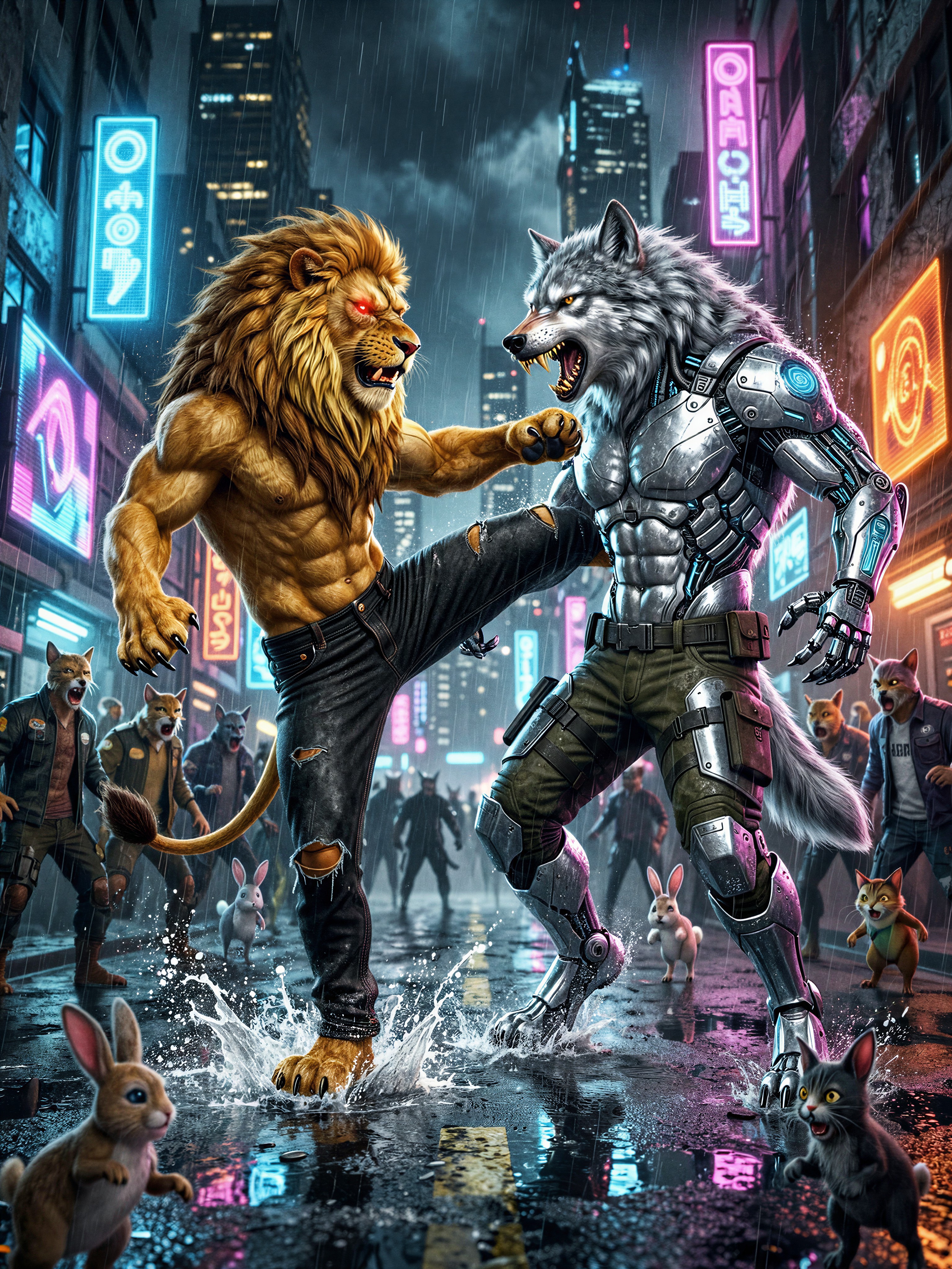 Cyberpunk Lion vs. Cyber-Wolf Combat — AI generated image