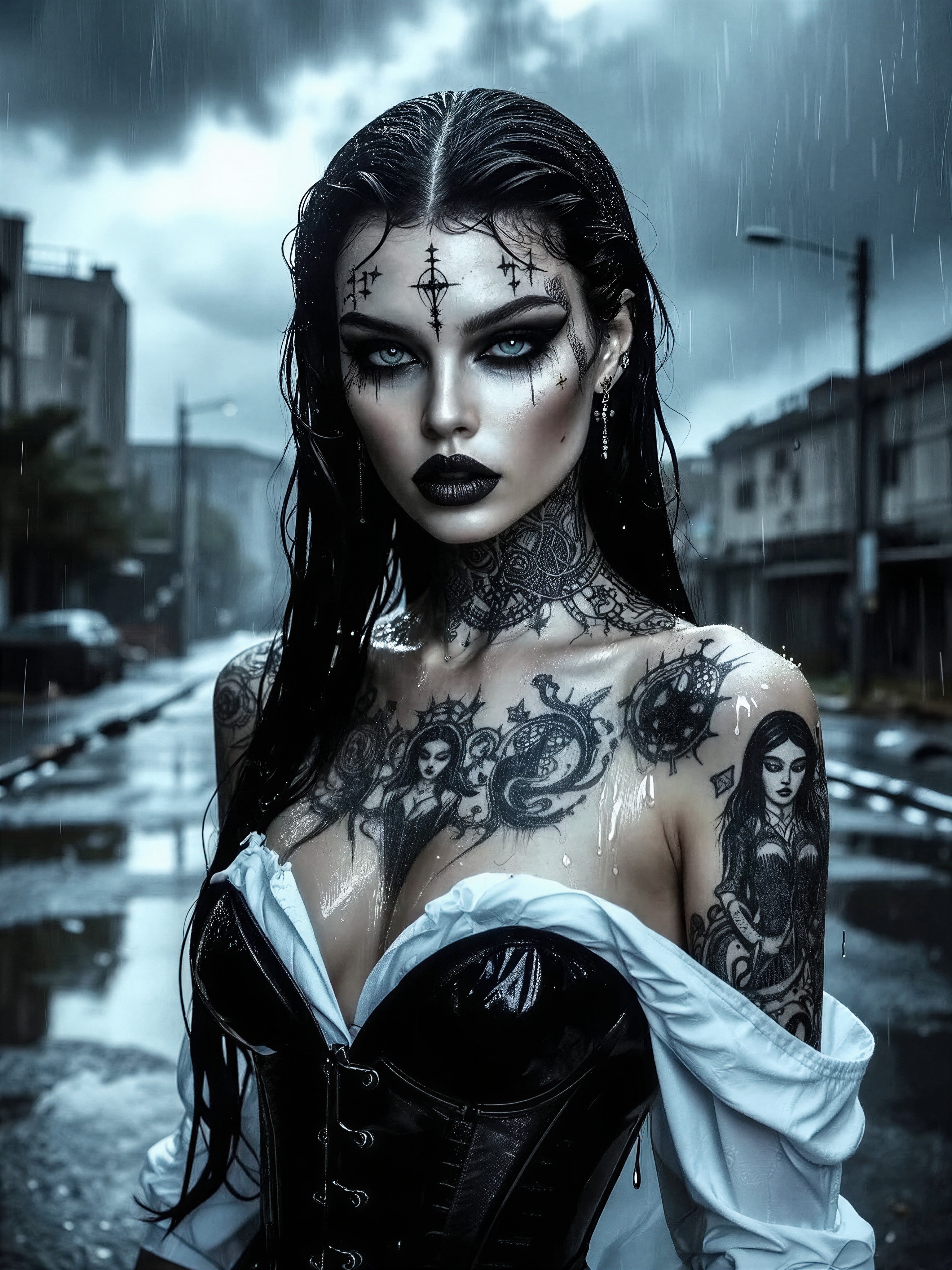 Gothic Enchantress in Rain-Drenched Urban Street — AI generated image