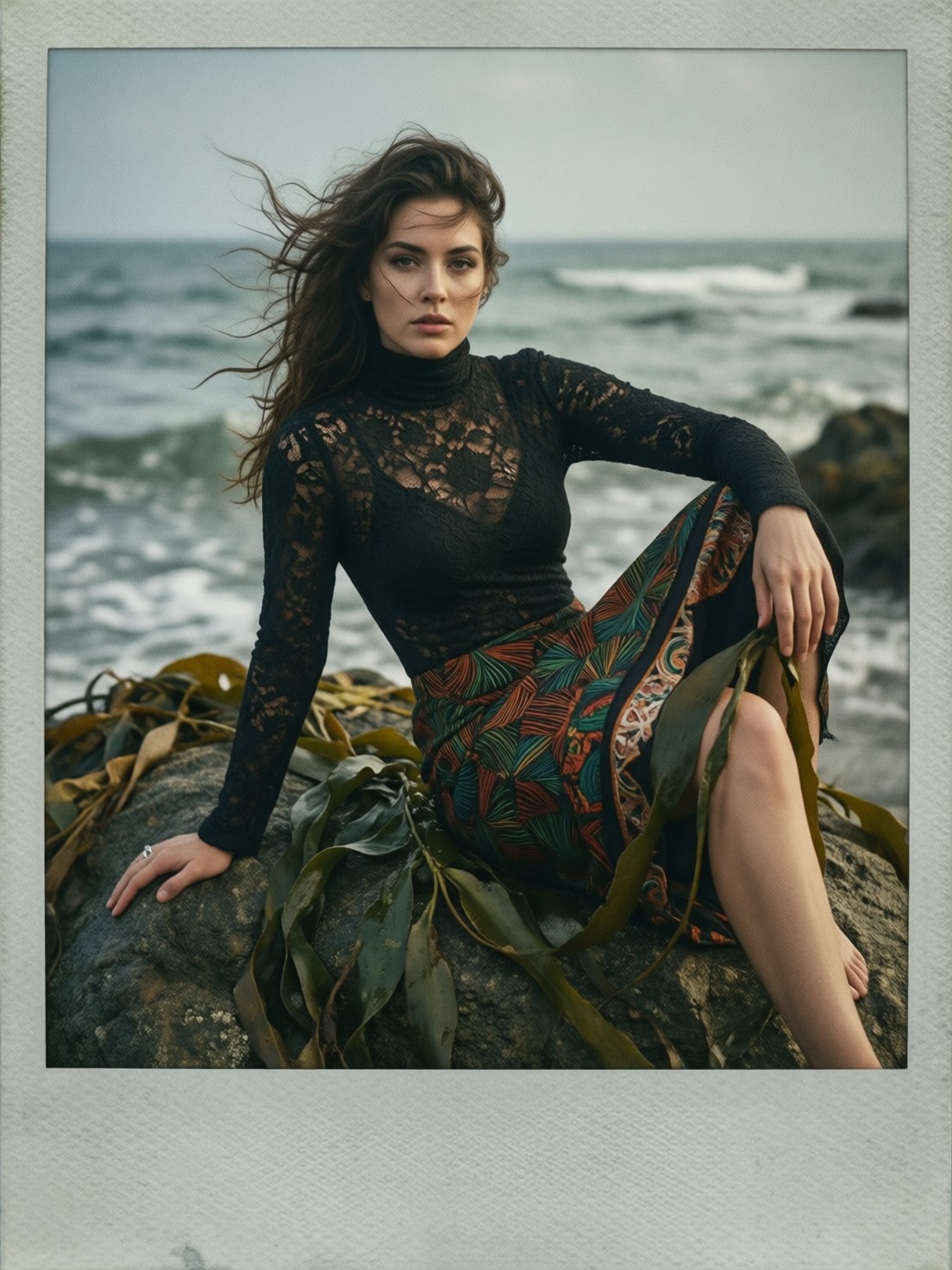 Androgynous Woman in African Dress on Rocky Shore — AI generated image