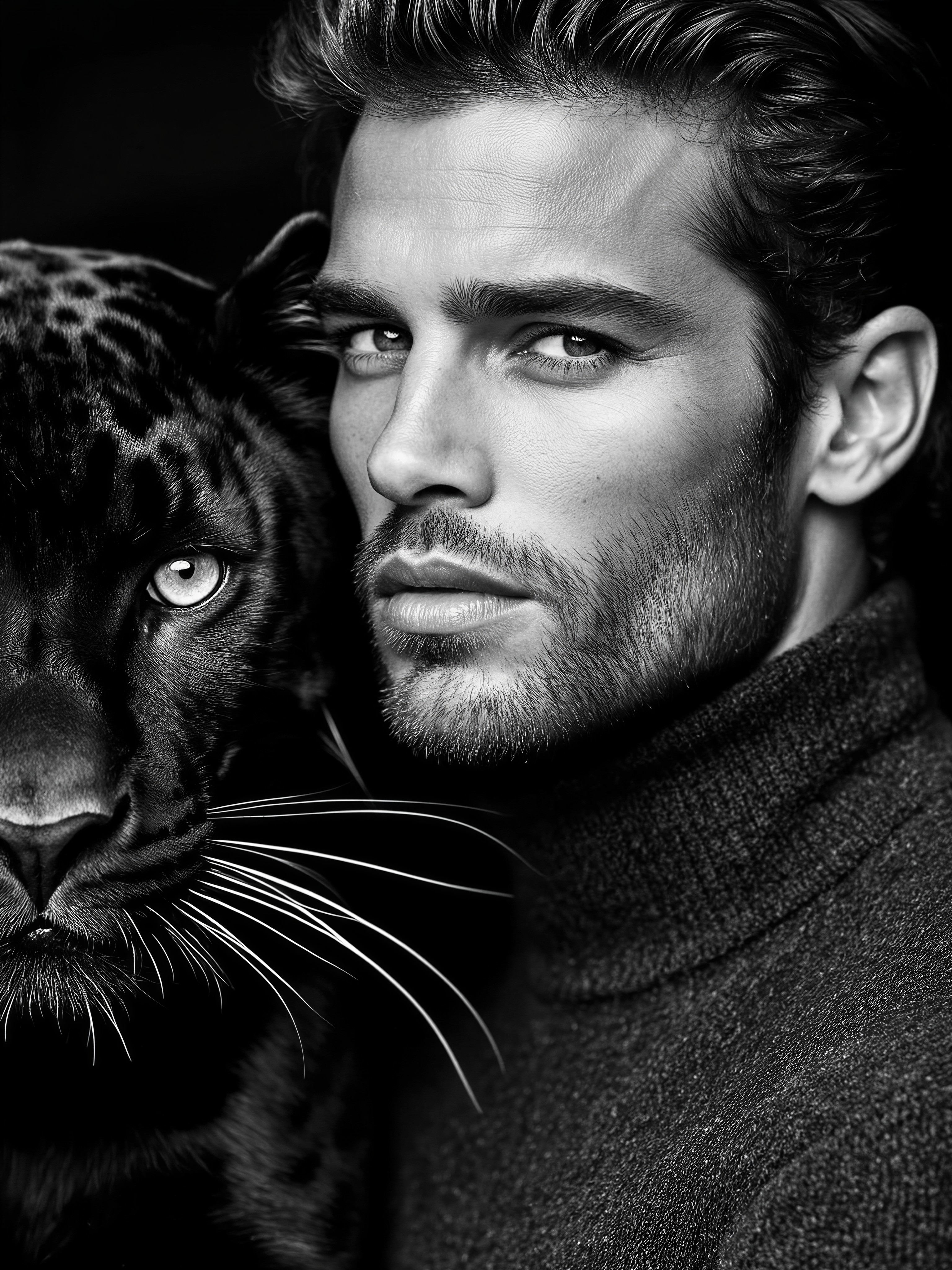 Dramatic Portrait of Man and Panther — AI generated image
