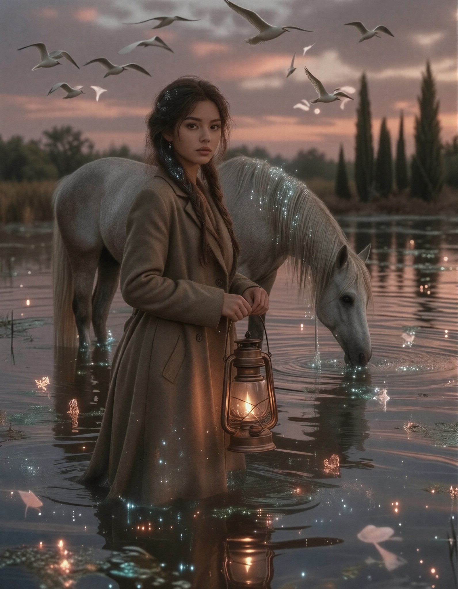 Twilight Lantern in Flooded Field — AI generated image