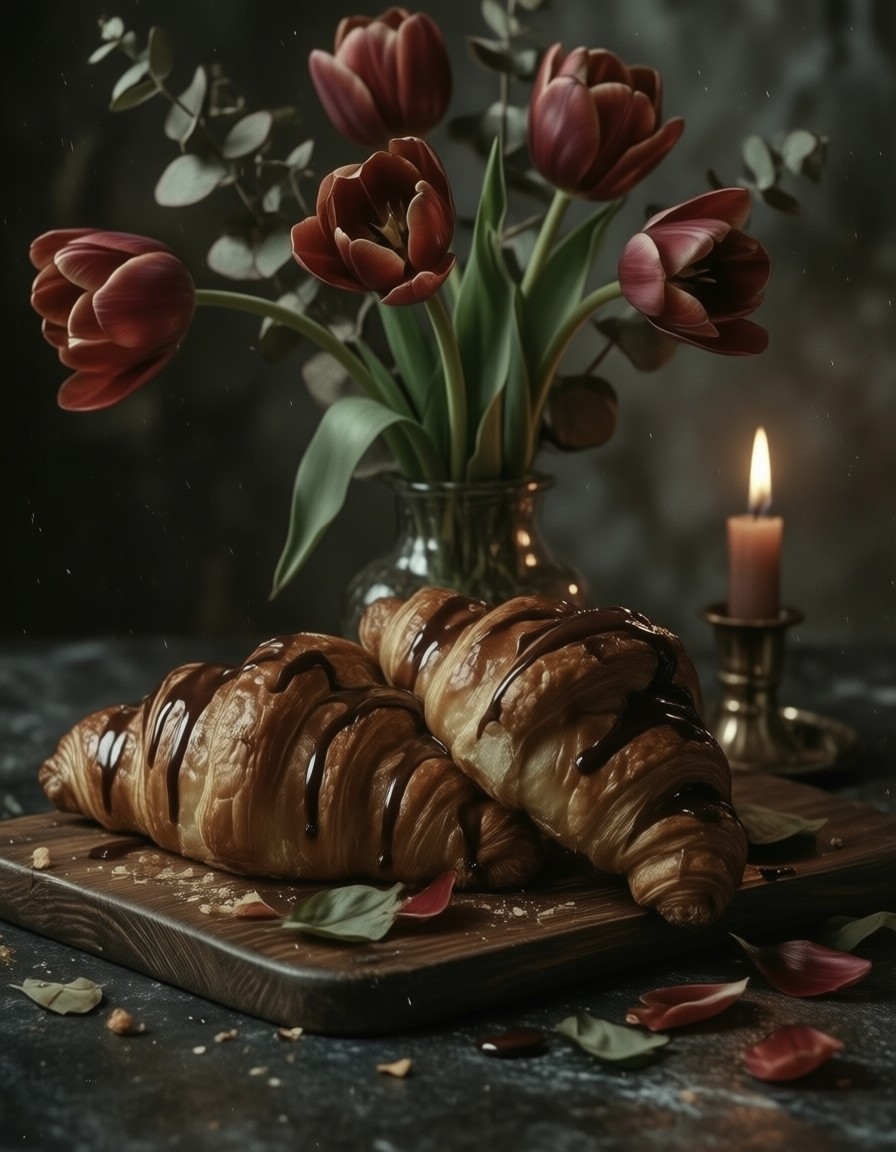 Moody Chocolate Croissant Still Life — AI generated image