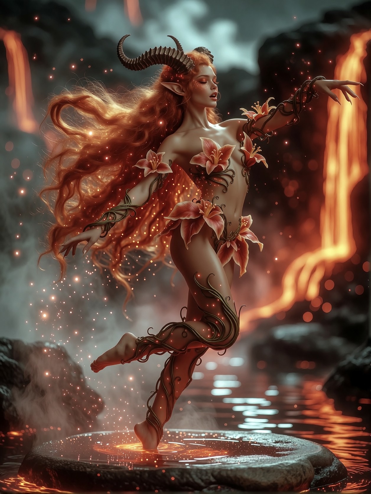 Fiery Elven Sorceress in Volcanic Dance — AI generated image