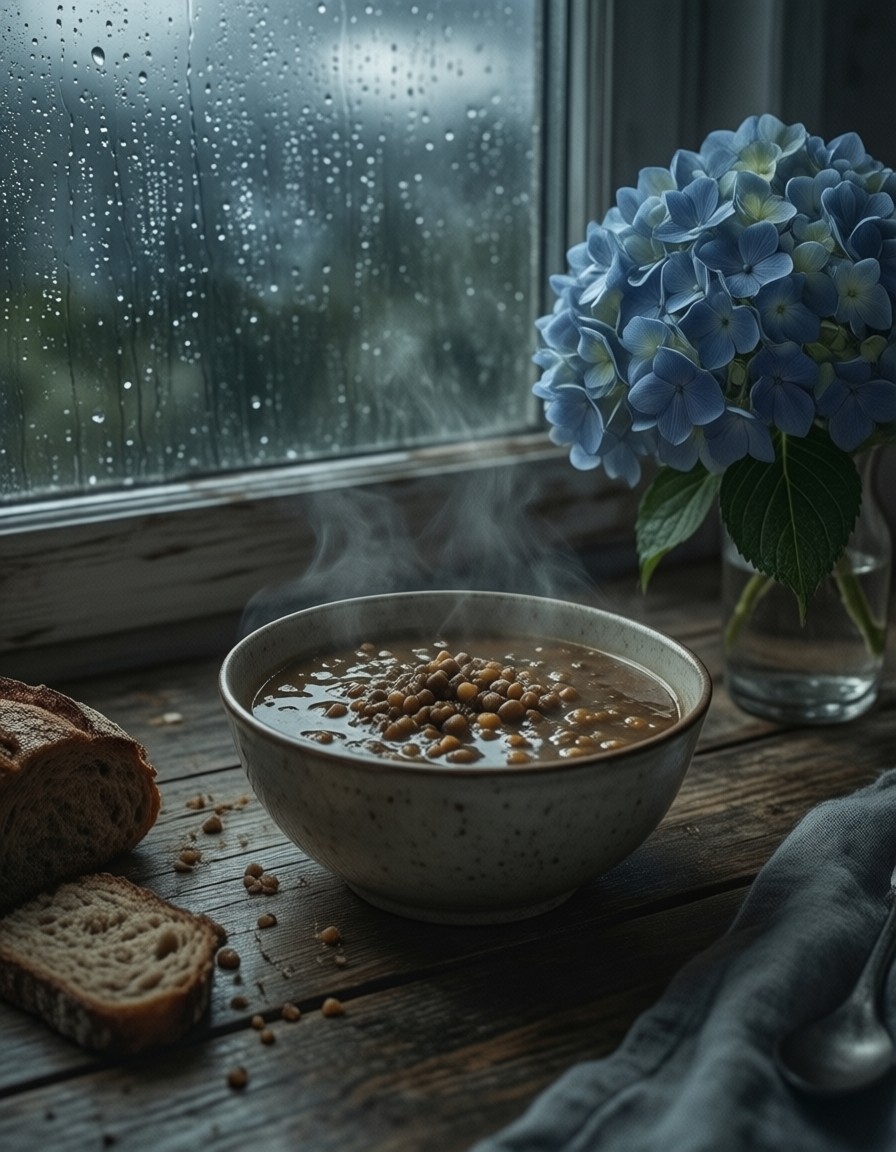 Steaming Soup in Rainy Light — AI generated image