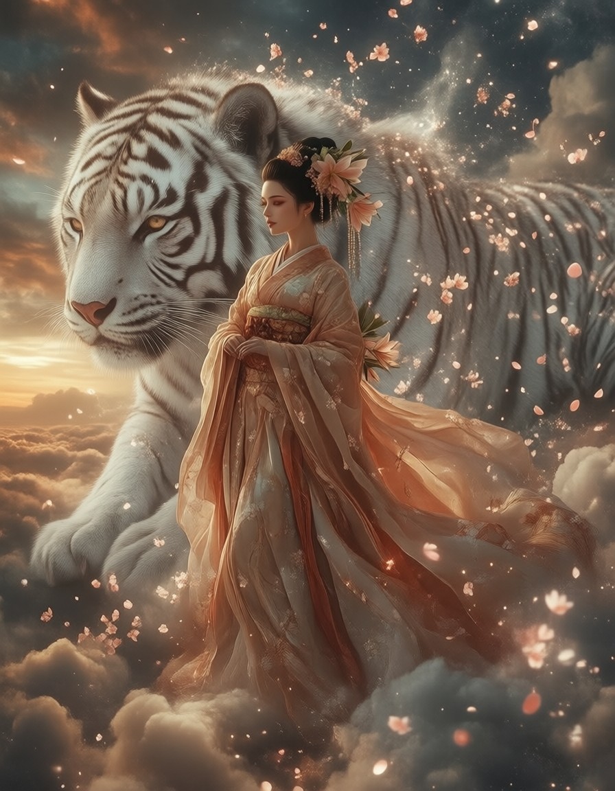 Celestial Maiden with Stardust Tiger — AI generated image