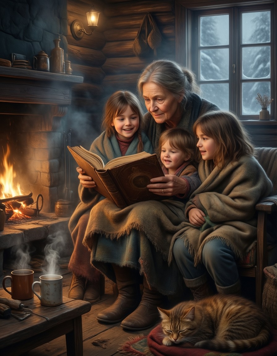 Cozy Fireplace Storytime — AI generated image