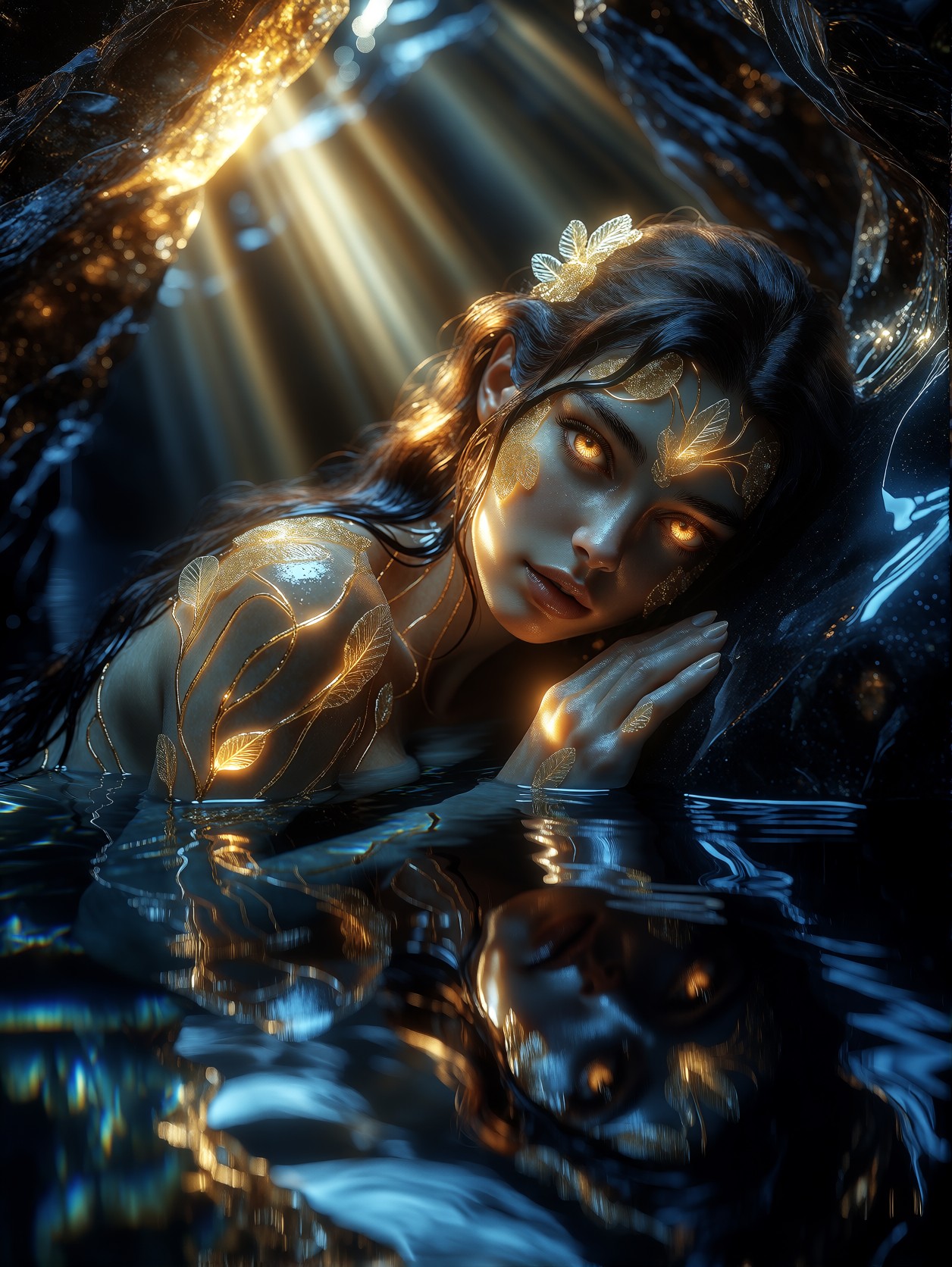 Ethereal Nymph in Sunlit Grotto Close-Up — AI generated image