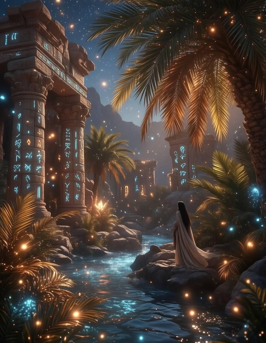 Mystical Desert Oasis with Glowing Ruins — AI generated image