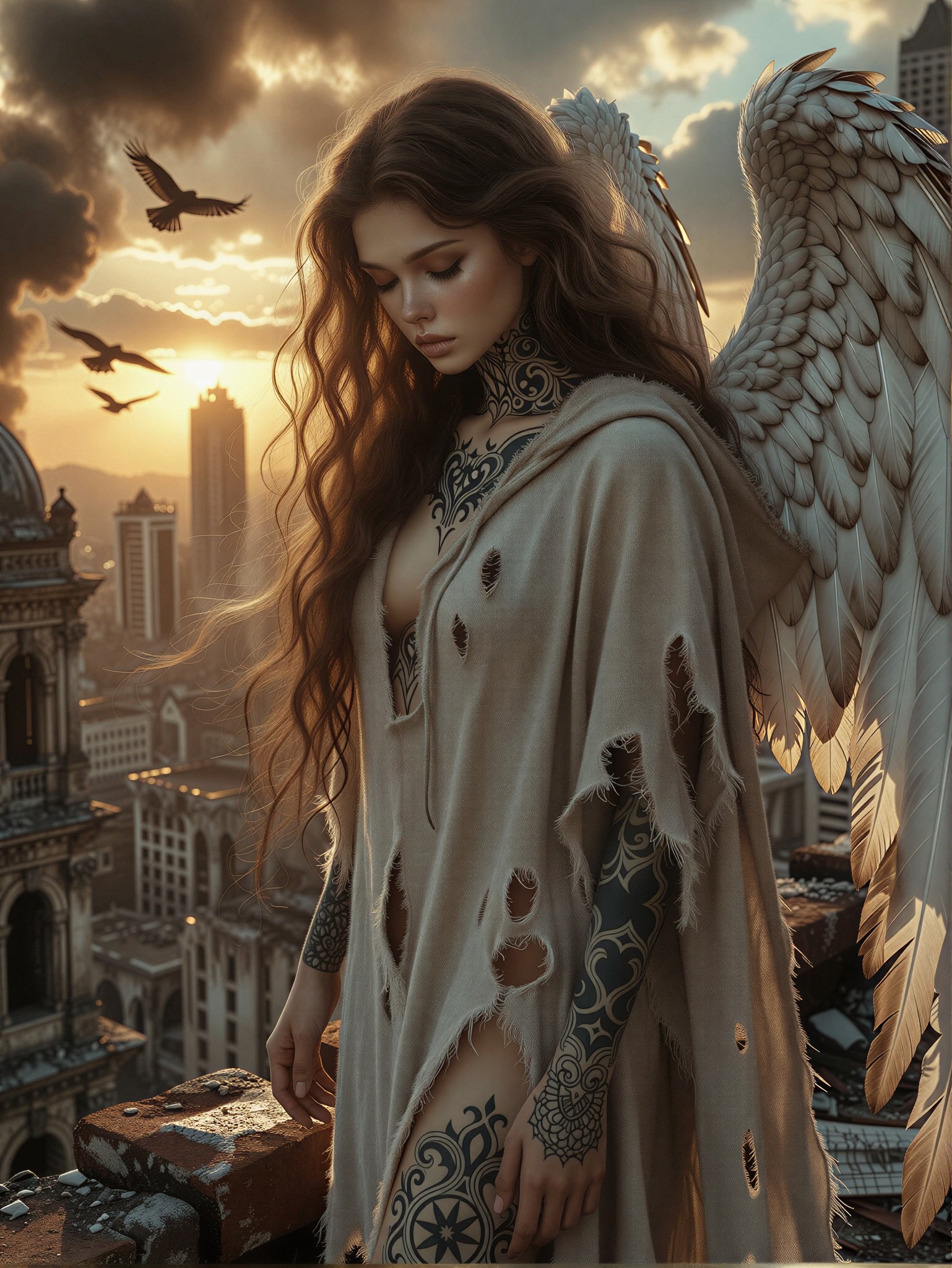 Fallen Angel in Post-Apocalyptic Sunset — AI generated image
