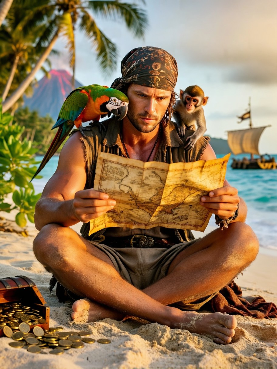 Pirate Studying Treasure Map on Beach — AI generated image