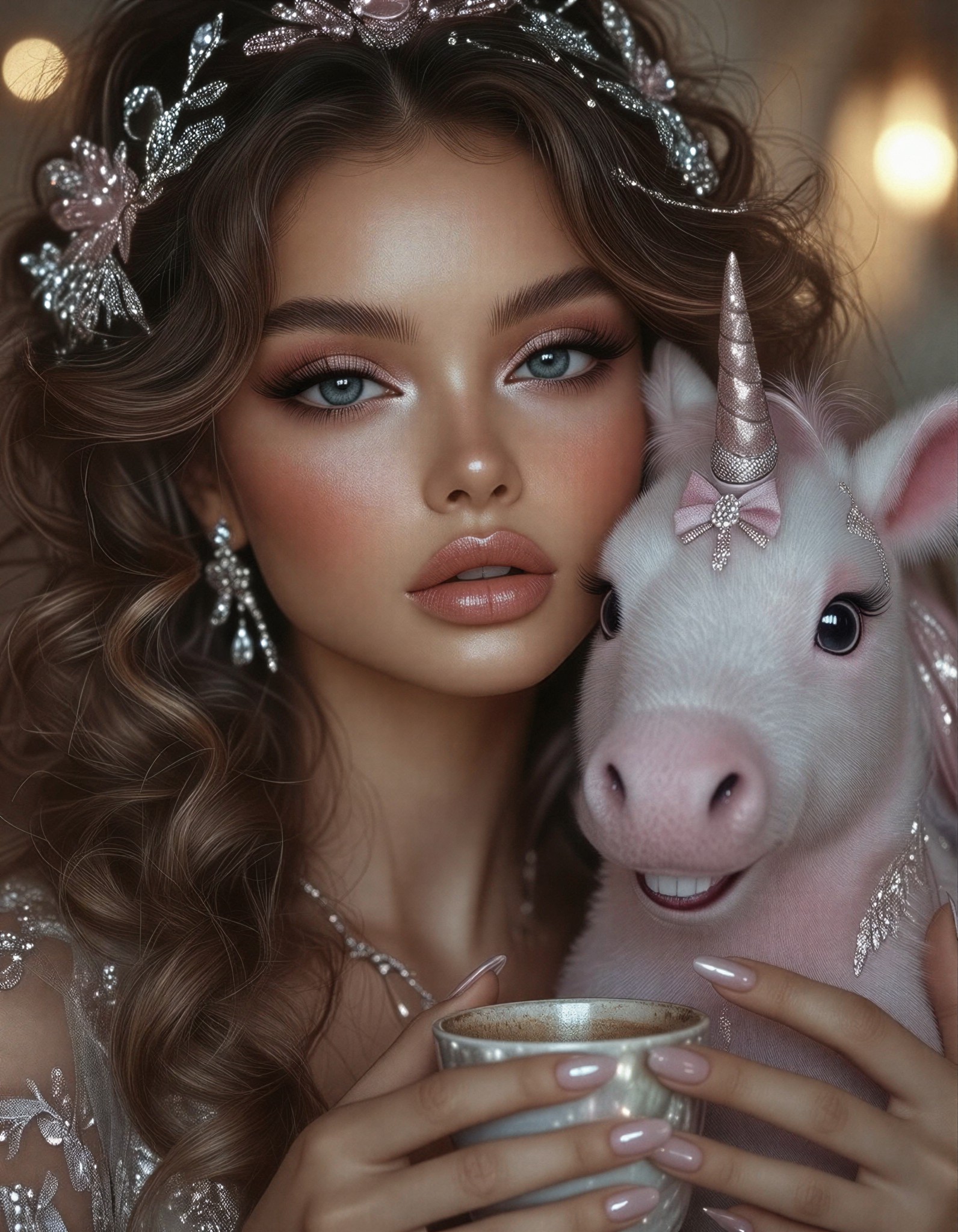 Dreamy Glamour Portrait with Unicorn and Ornate Headpiece — AI generated image