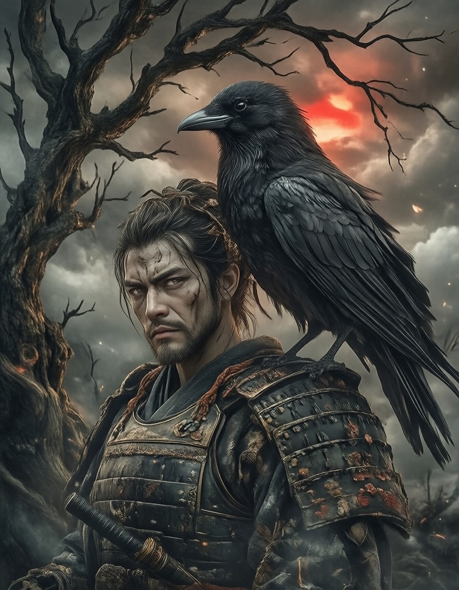 Ronin Samurai and Crow, Moody Sumi-e — AI generated image