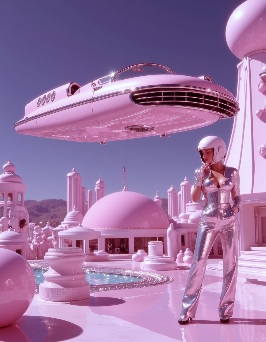 Retro Futuristic Flying Car and Confident Woman — AI generated image