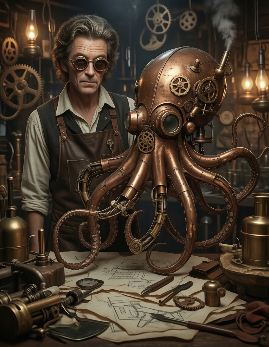 Inventor and Mechanical Octopus — AI generated image