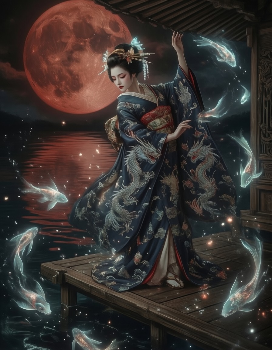 Graceful Geisha in Shadow Dance — AI generated image