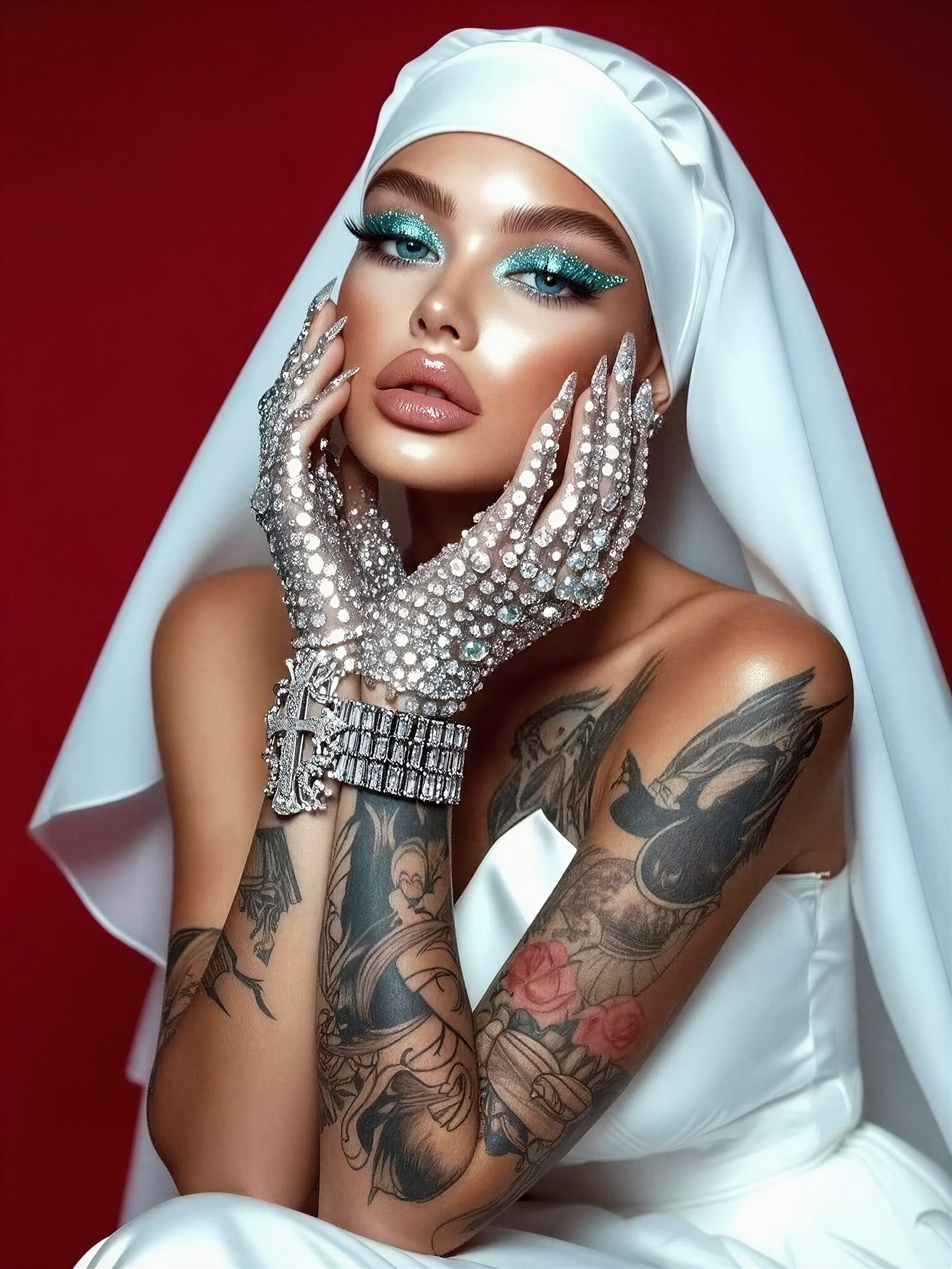Tattooed Nun in Luxury Veil — AI generated image