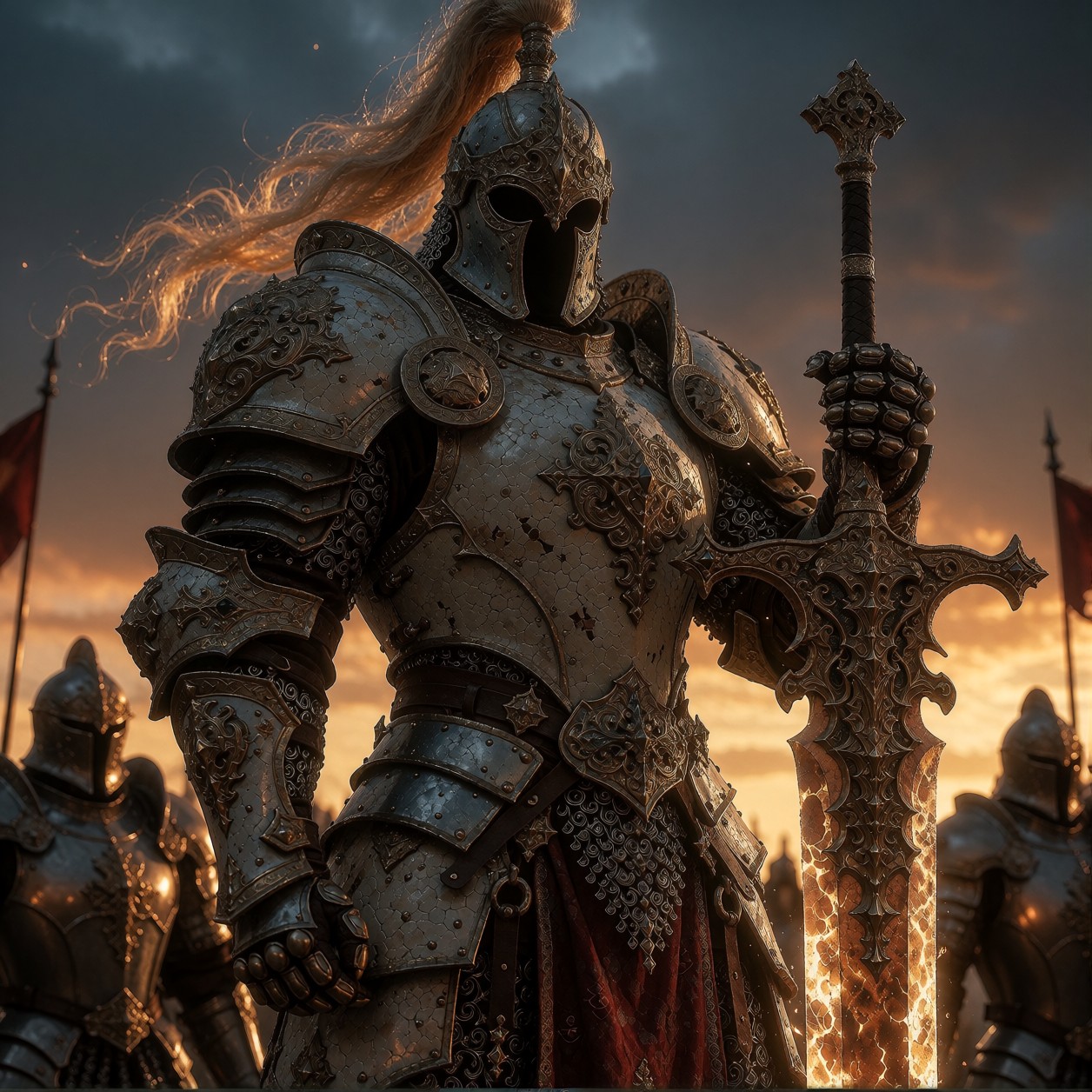 Ornate Armored Knight Standing On Dusk Battlefield — AI generated image