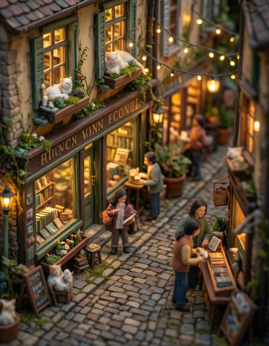 Cozy Miniature Bookstore Diorama — AI generated image