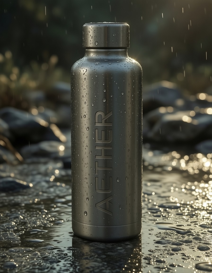 Sleek Titanium Bottle on Wet Slate — AI generated image