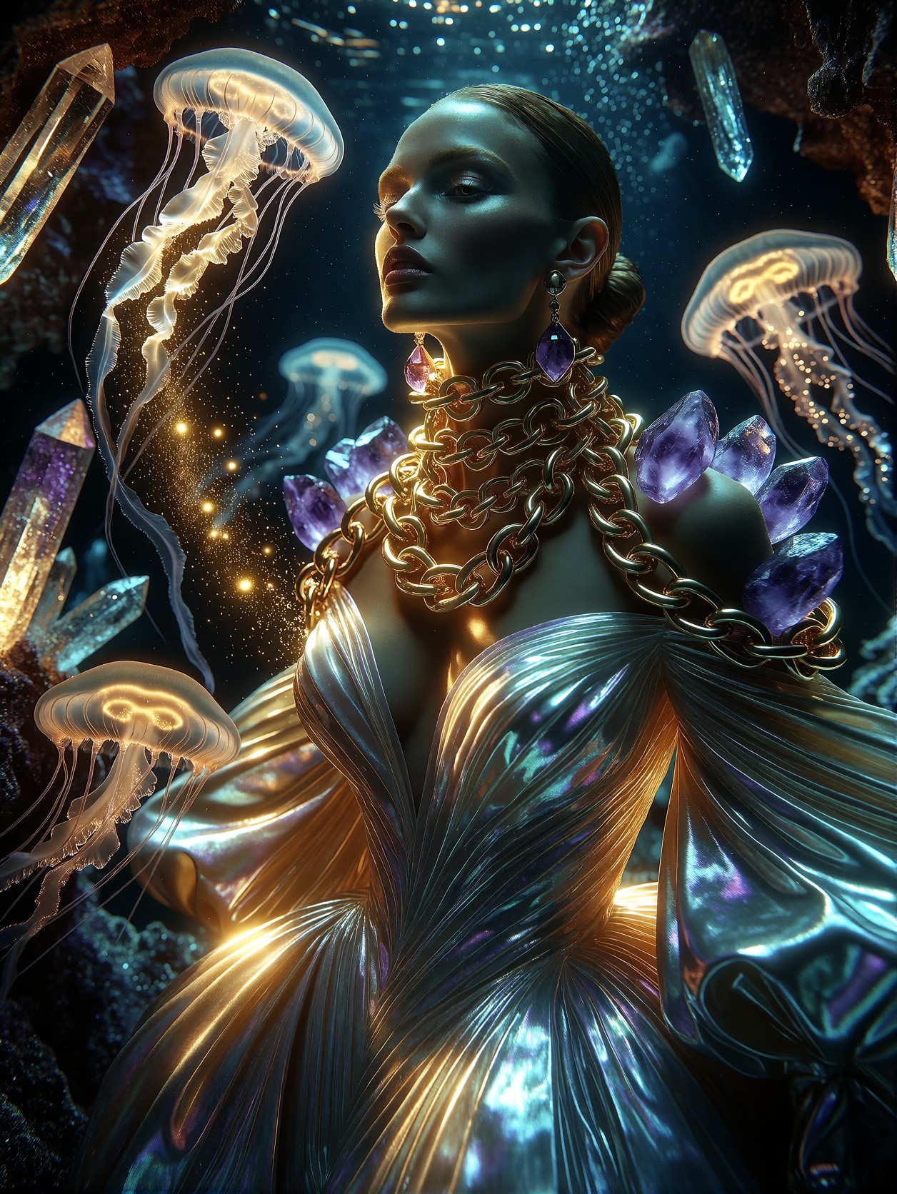 Elegant Goddess in Luminous Underwater Realm — AI generated image