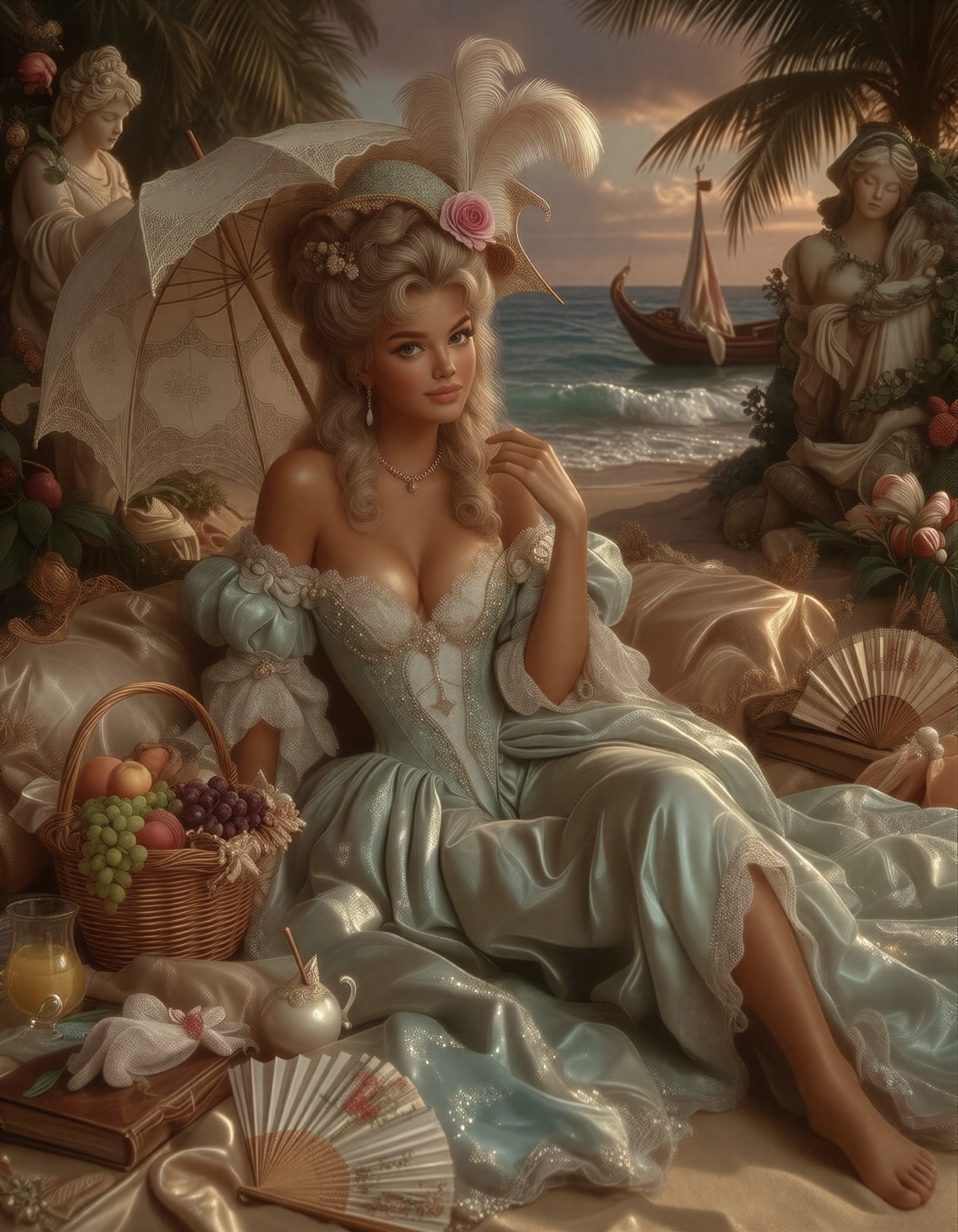 Dreamy Rococo Lady on Beach — AI generated image