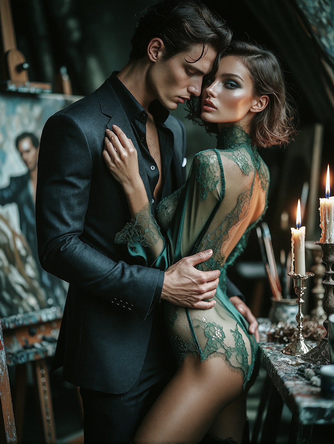 Sensual Embrace In Moody Candlelit Studio — AI generated image