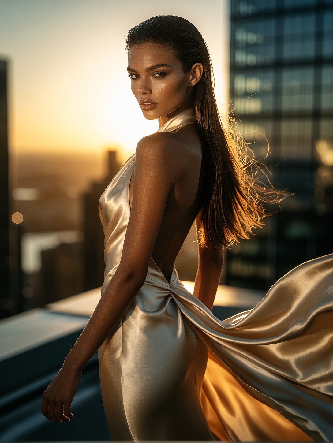 Stunning Woman in Champagne-Gold Gown at Sunset — AI generated image