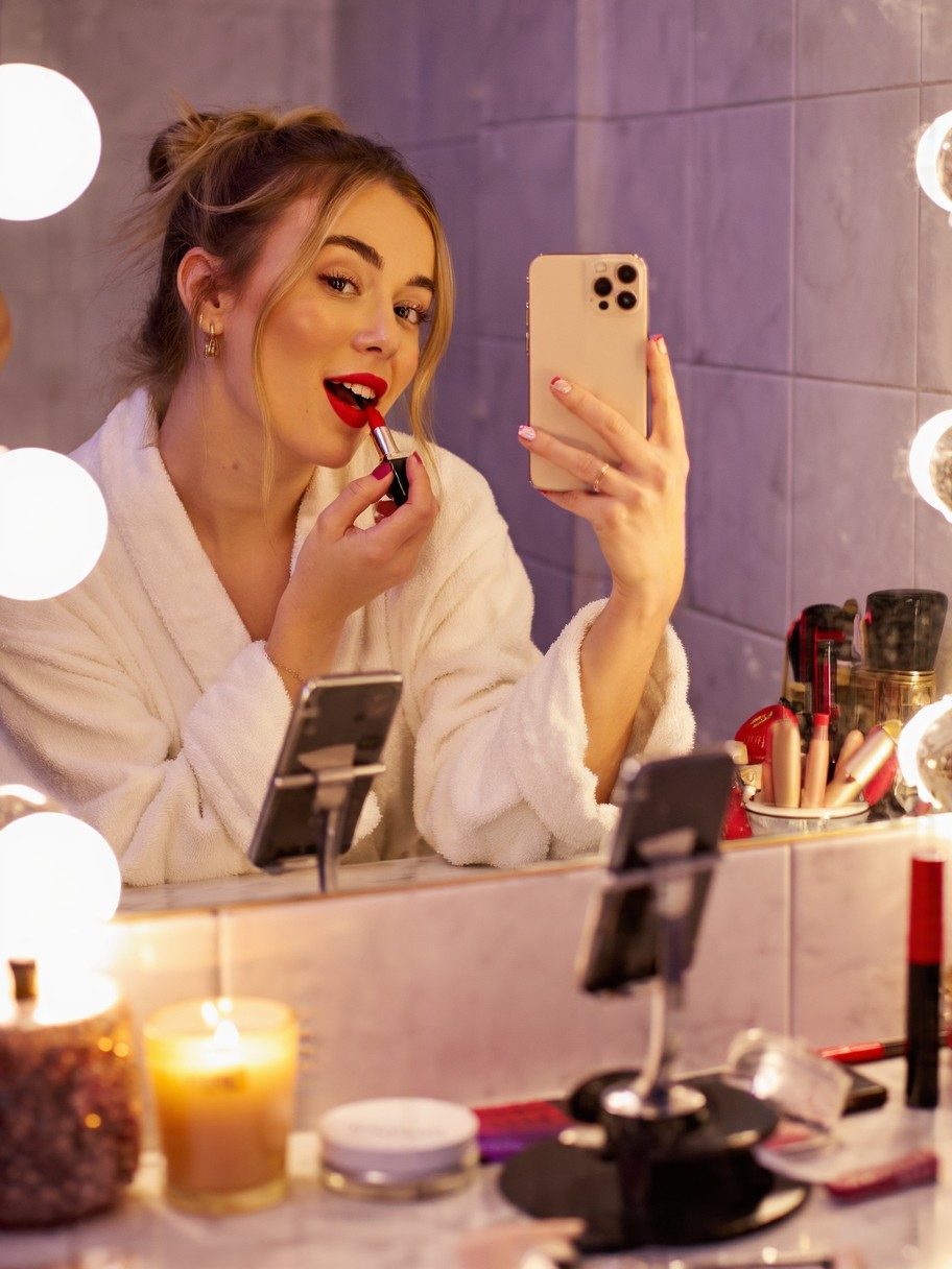 Playful Selfie in Cozy Bathroom — AI generated image