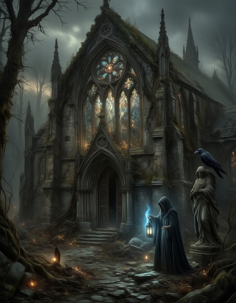 Hooded Figure in Forsaken Cathedral — AI generated image