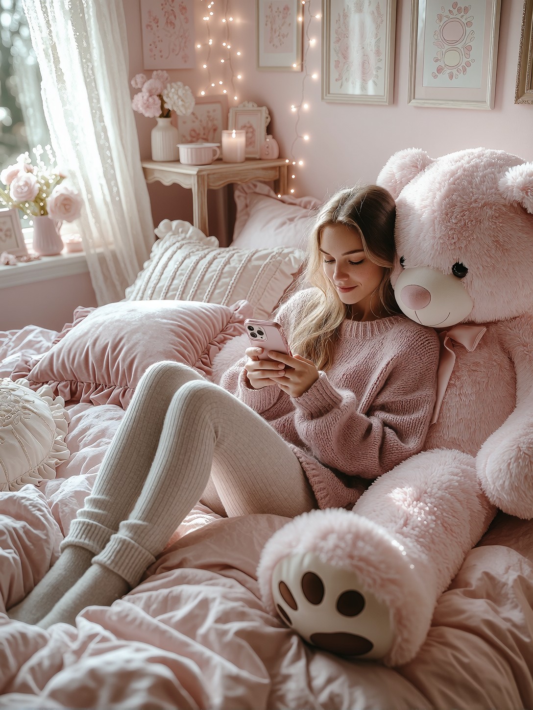 Relaxed Woman On Plush Pink Bed — AI generated image