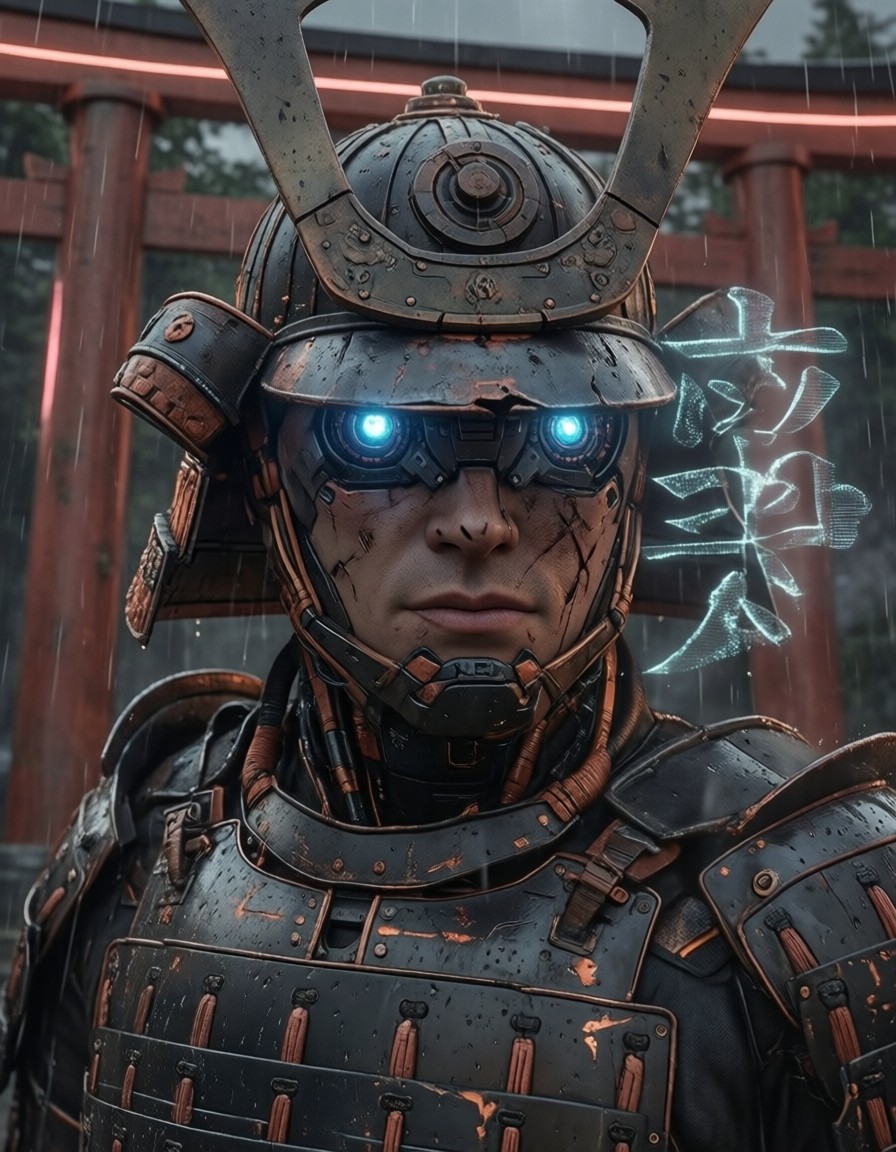 Cyber-Samurai Under Neon Torii — AI generated image